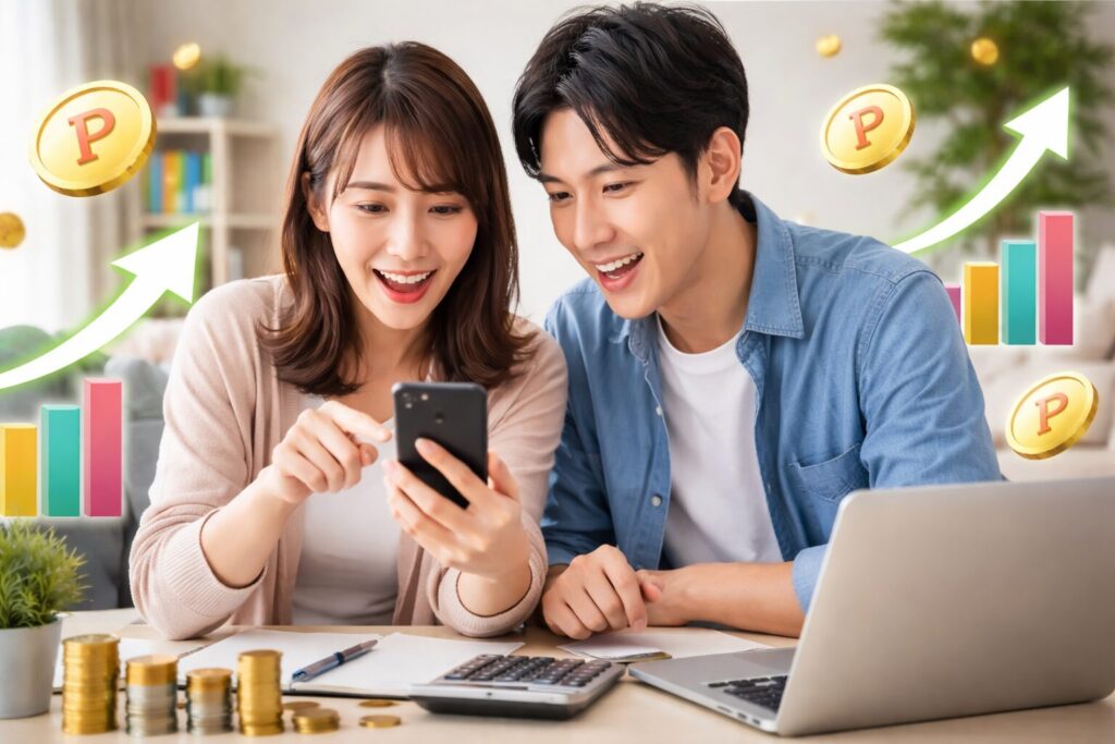 エポスポイント投資をやってみたイメージとしてスマホで投資状況を確認する日本人カップル