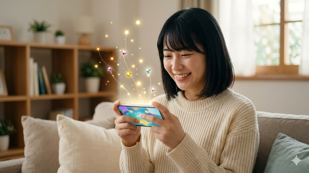 スマホゲームを楽しみながらプレイオでポイ活する日本人女性