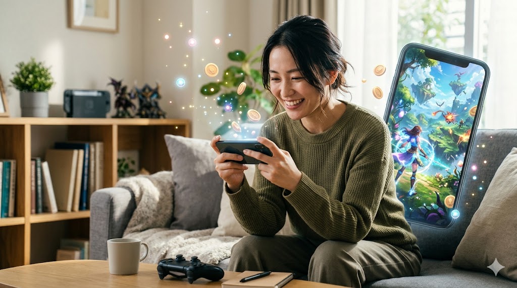スマホゲームでポイ活を楽しむ日本人女性のイメージ