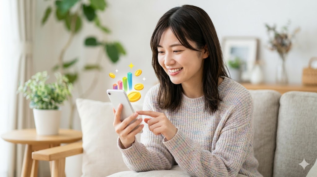 スマホでポイ活をしてポイントが増えて喜ぶ日本人女性